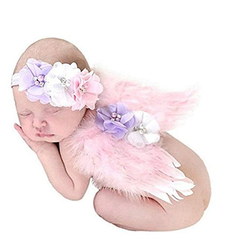 Jackcell Newborn Photography Props Angel Wings Costume, Outfit Baby Girl Picture Props With Flower Headband (Pink) - Image 1